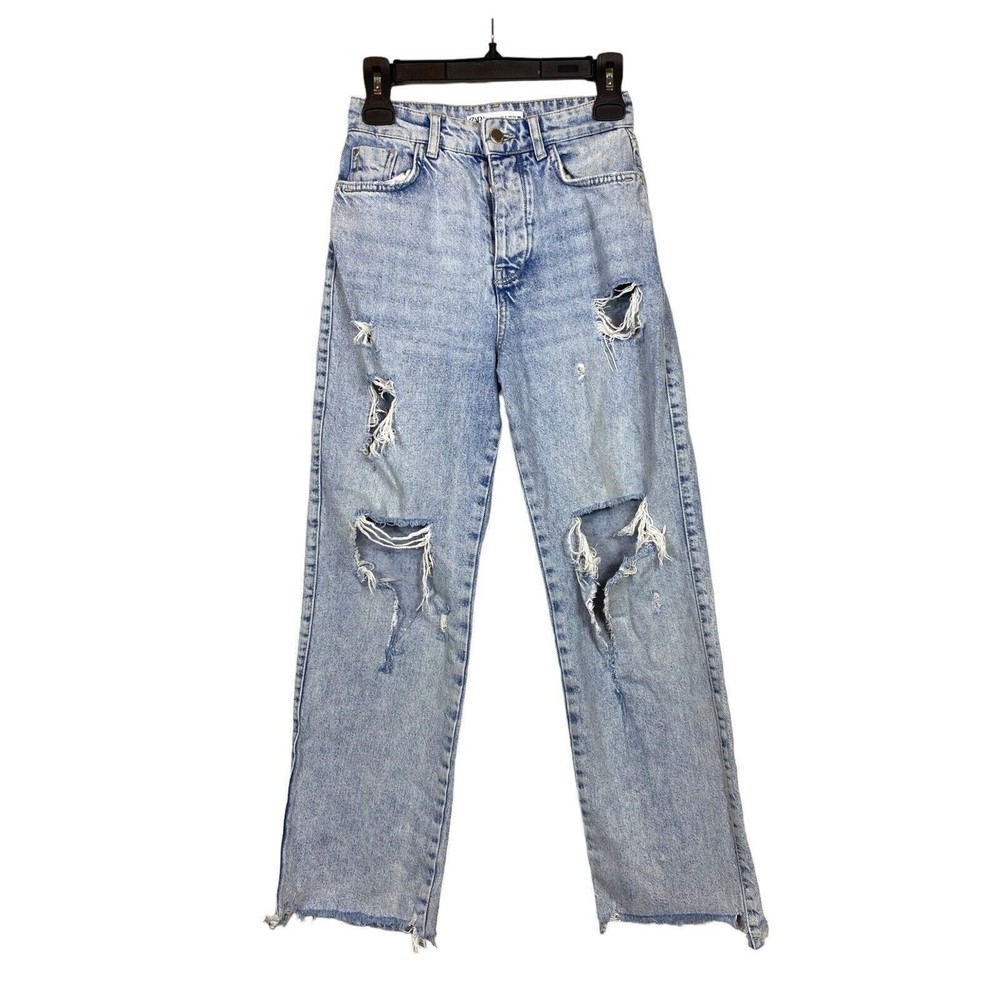 ZARA Jeans Womens Sz 2 High Rise Denim Distressed Button Fly Straight Leg